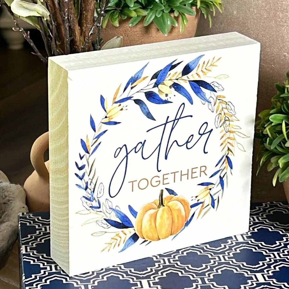 NEW! Fall Autumn Harvest Cottage Gather Together Pumpkin & Wheat Wood Sign